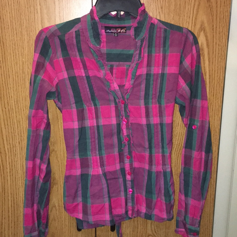 Pink Plaid Button Down w/ Ruffle Collar